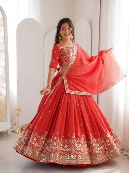 Graceful Red Organza A Line Lehenga With Zari Work For Festival Designer Lehenga Choli