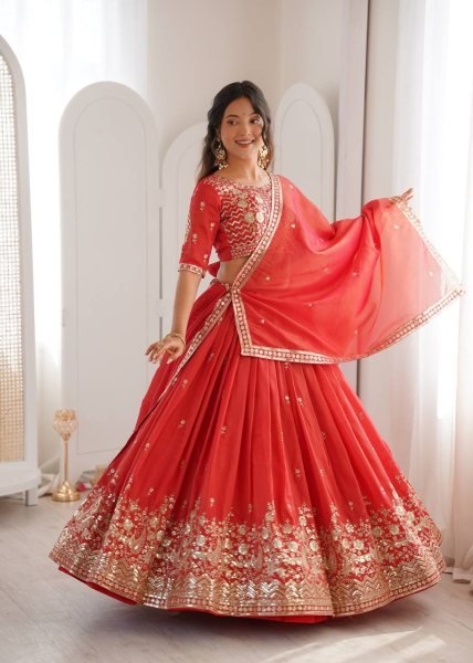 Graceful Red Organza A Line Lehenga With Zari Work For Festival Designer Lehenga Choli
