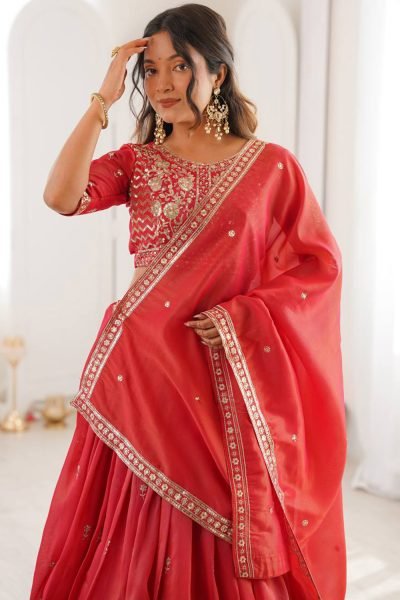 Graceful Red Organza A Line Lehenga With Zari Work For Festival Designer Lehenga Choli