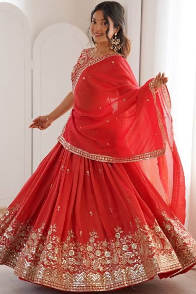 Graceful Red Organza A Line Lehenga With Zari Work For Festival Designer Lehenga Choli