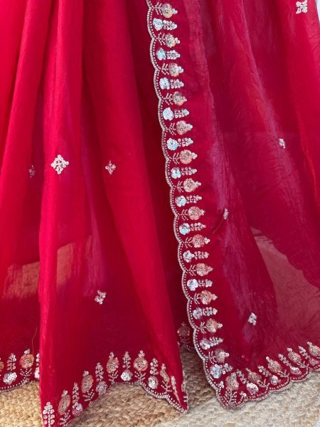 Graceful Red Silk Saree With Heavy Beads And Sequence Work For Party Wear Silk Sarees Wholesale