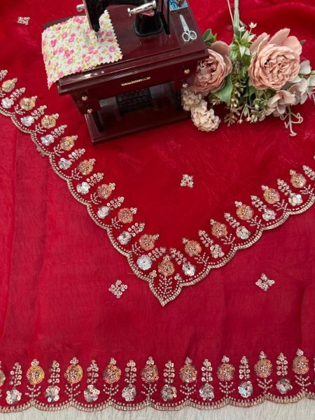 Graceful Red Silk Saree With Heavy Beads And Sequence Work For Party Wear Silk Sarees Wholesale
