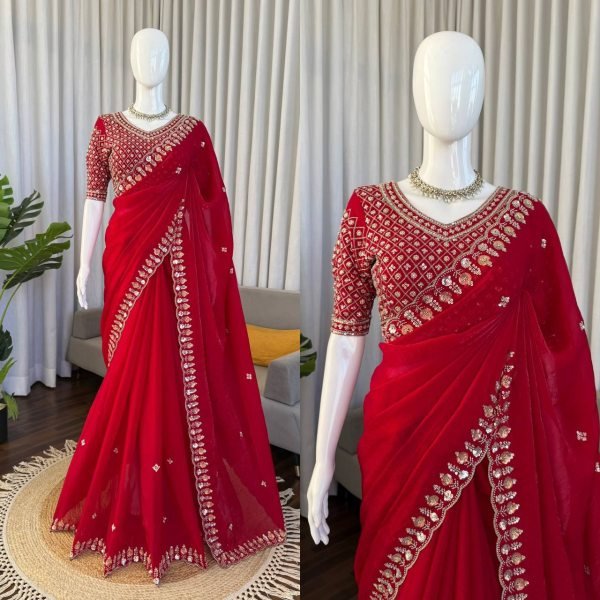 Graceful Red Silk Saree With Heavy Beads And Sequence Work For Party Wear Silk Sarees Wholesale