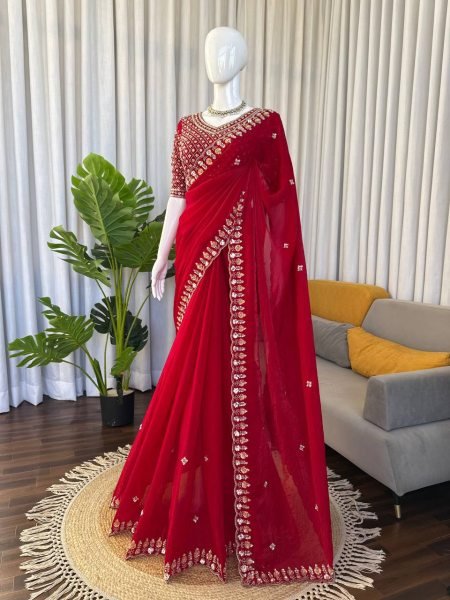 Graceful Red Silk Saree With Heavy Beads And Sequence Work For Party Wear Silk Sarees Wholesale