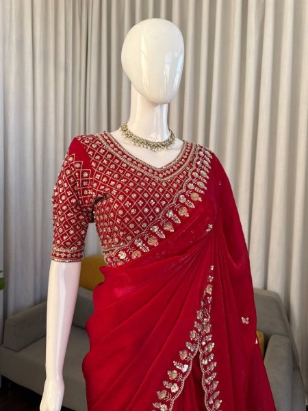 Graceful Red Silk Saree With Heavy Beads And Sequence Work For Party Wear Silk Sarees Wholesale