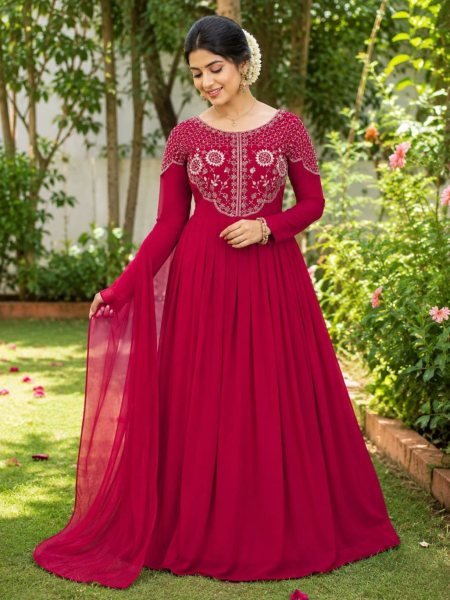 Graceful Red Soft Georgette Gown with Premium Sequins Embroidery and Matching Dupptta for Women Kurtis