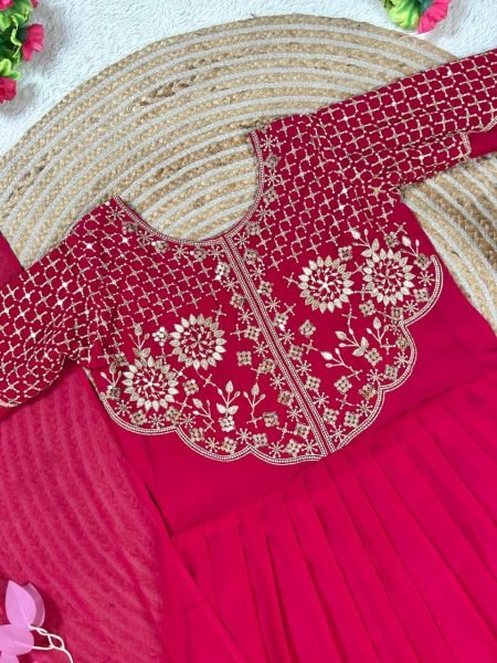 Graceful Red Soft Georgette Gown with Premium Sequins Embroidery and Matching Dupptta for Women Anarkali Kurtis 