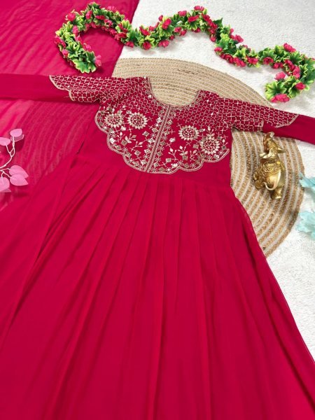Graceful Red Soft Georgette Gown with Premium Sequins Embroidery and Matching Dupptta for Women Anarkali Kurtis 