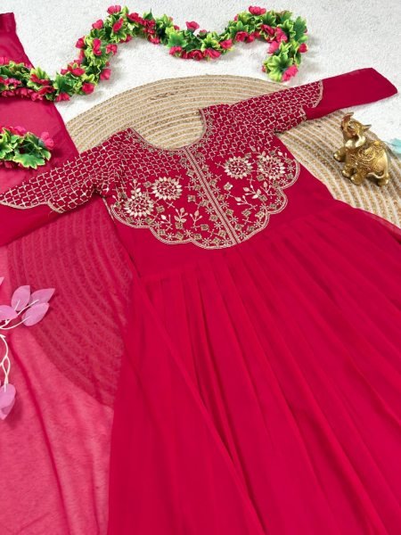 Graceful Red Soft Georgette Gown with Premium Sequins Embroidery and Matching Dupptta for Women Anarkali Kurtis 