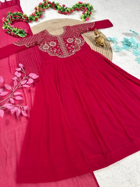 Graceful Red Soft Georgette Gown with Premium Sequins Embroidery and Matching Dupptta for Women Anarkali Kurtis 