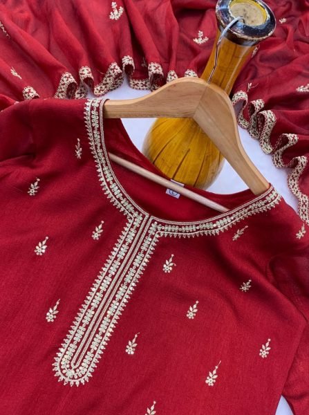Graceful Red Vichitra Silk Embroidered Kurti Pant Set with Matching Embroidered Dupatta for Women Embroidery Kurtis 