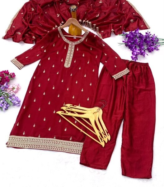 Graceful Red Vichitra Silk Embroidered Kurti Pant Set with Matching Embroidered Dupatta for Women Embroidery Kurtis 