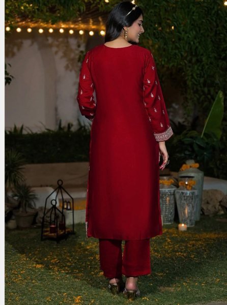 Graceful Red Vichitra Silk Embroidered Kurti Pant Set with Matching Embroidered Dupatta for Women Embroidery Kurtis 