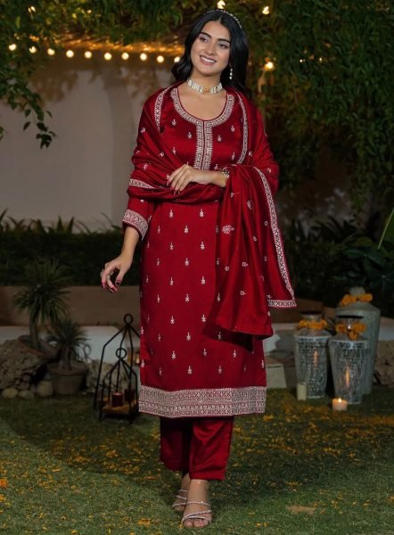 Graceful Red Vichitra Silk Embroidered Kurti Pant Set with Matching Embroidered Dupatta for Women Embroidery Kurtis 