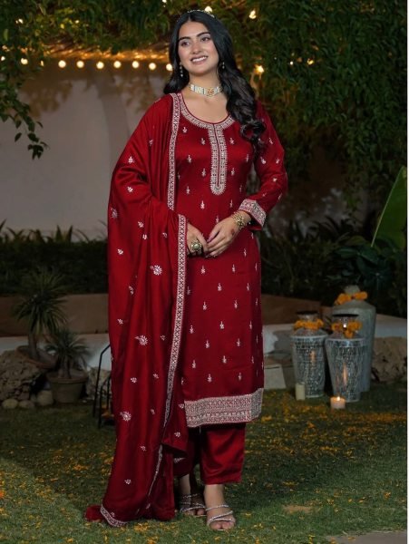 Graceful Red Vichitra Silk Embroidered Kurti Pant Set with Matching Embroidered Dupatta for Women Embroidery Kurtis 