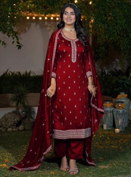 Graceful Red Vichitra Silk Embroidered Kurti Pant Set with Matching Embroidered Dupatta for Women Embroidery Kurtis 