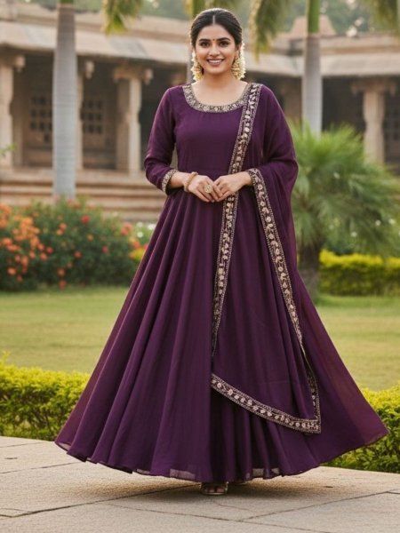 Graceful Royal Purple Vichitra Silk Anarkali Suit with Full Lining and Matching Dupatta Kurtis