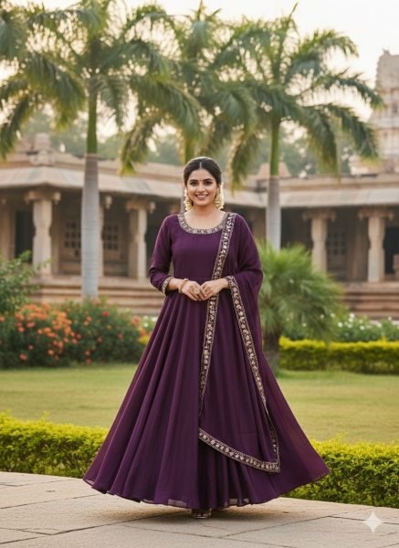 Graceful Royal Purple Vichitra Silk Anarkali Suit with Full Lining and Matching Dupatta Anarkali Kurtis 