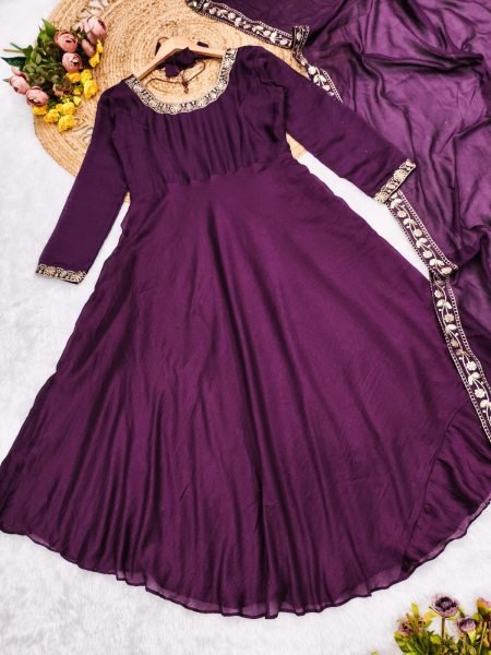 Graceful Royal Purple Vichitra Silk Anarkali Suit with Full Lining and Matching Dupatta Anarkali Kurtis 