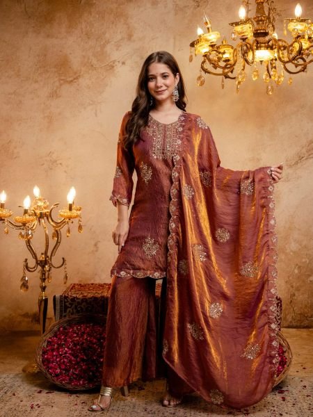 Graceful Rust Fandy Kurti with Solid Palazzo and Matching Dupatta For Wedding 3 Piece Kurti Set