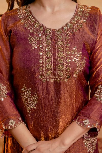 Graceful Rust Fandy Kurti with Solid Palazzo and Matching Dupatta For Wedding 3 Piece Kurti Set