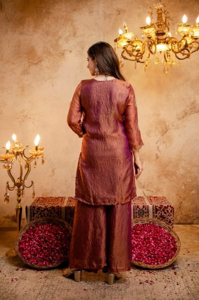 Graceful Rust Fandy Kurti with Solid Palazzo and Matching Dupatta For Wedding 3 Piece Kurti Set