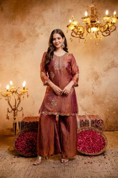 Graceful Rust Fandy Kurti with Solid Palazzo and Matching Dupatta For Wedding 3 Piece Kurti Set
