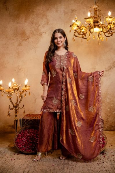 Graceful Rust Fandy Kurti with Solid Palazzo and Matching Dupatta For Wedding 3 Piece Kurti Set