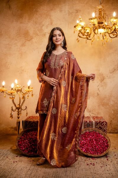 Graceful Rust Fandy Kurti with Solid Palazzo and Matching Dupatta For Wedding 3 Piece Kurti Set