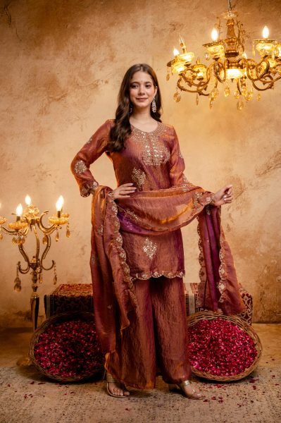 Graceful Rust Fandy Kurti with Solid Palazzo and Matching Dupatta For Wedding 3 Piece Kurti Set