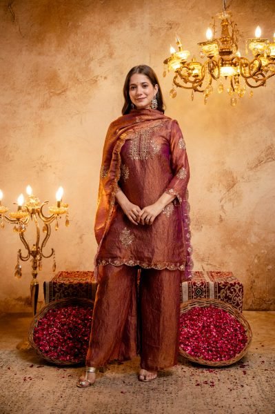 Graceful Rust Fandy Kurti with Solid Palazzo and Matching Dupatta For Wedding 3 Piece Kurti Set