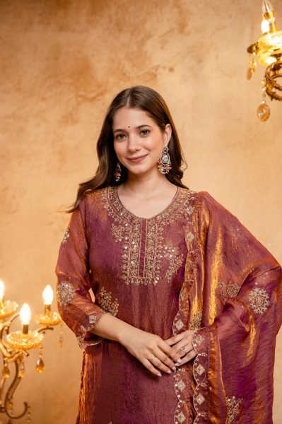 Graceful Rust Fandy Kurti with Solid Palazzo and Matching Dupatta For Wedding 3 Piece Kurti Set
