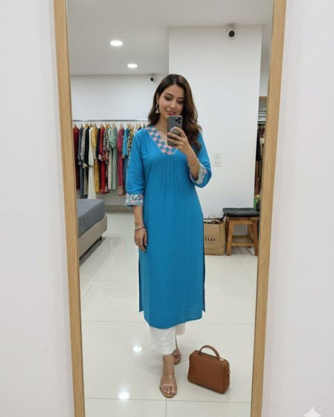 Graceful Sky Blue Chanderi Silk Kurti with Premium Embroidery Work Cotton Kurtis Wholesale