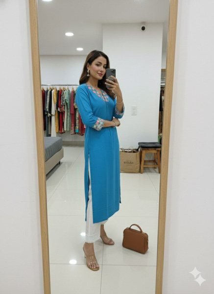 Graceful Sky Blue Chanderi Silk Kurti with Premium Embroidery Work Cotton Kurtis Wholesale