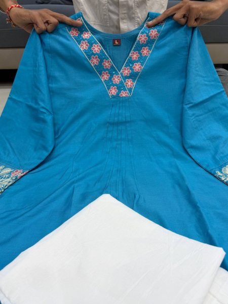 Graceful Sky Blue Chanderi Silk Kurti with Premium Embroidery Work Cotton Kurtis Wholesale