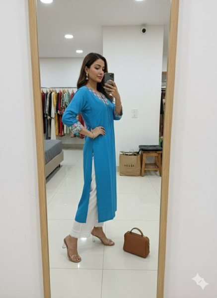 Graceful Sky Blue Chanderi Silk Kurti with Premium Embroidery Work Cotton Kurtis Wholesale