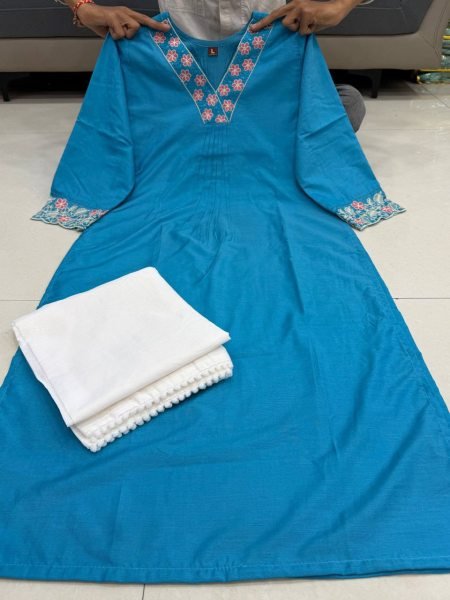 Graceful Sky Blue Chanderi Silk Kurti with Premium Embroidery Work Cotton Kurtis Wholesale