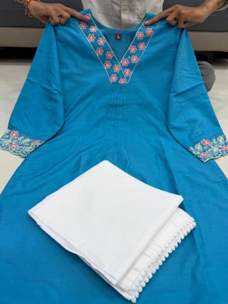 Graceful Sky Blue Chanderi Silk Kurti with Premium Embroidery Work Cotton Kurtis Wholesale