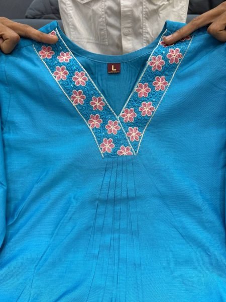 Graceful Sky Blue Chanderi Silk Kurti with Premium Embroidery Work Cotton Kurtis Wholesale