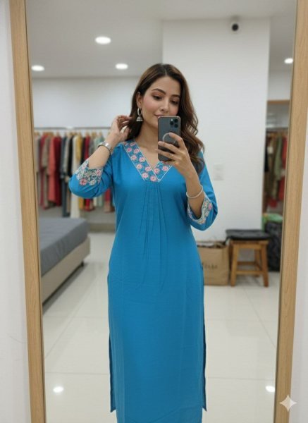 Graceful Sky Blue Chanderi Silk Kurti with Premium Embroidery Work Cotton Kurtis Wholesale