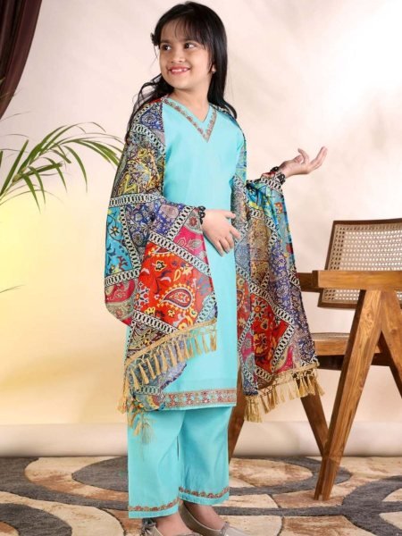 Graceful Sky Blue Girls Roman Kurti Pant Set with Chanderi Digital Print Dupatta Kurtis