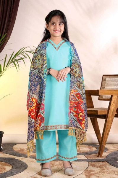 Graceful Sky Blue Girls Roman Kurti Pant Set with Chanderi Digital Print Dupatta Girls Wear