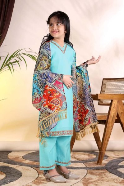 Graceful Sky Blue Girls Roman Kurti Pant Set with Chanderi Digital Print Dupatta Girls Wear