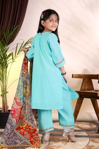 Graceful Sky Blue Girls Roman Kurti Pant Set with Chanderi Digital Print Dupatta Girls Wear
