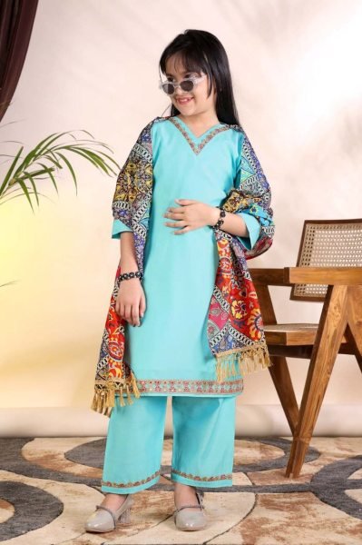 Graceful Sky Blue Girls Roman Kurti Pant Set with Chanderi Digital Print Dupatta Girls Wear