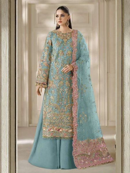 Graceful Sky Blue Heavy Chiffon Suit with Crepe Silk Inner and French Crepe Bottom 