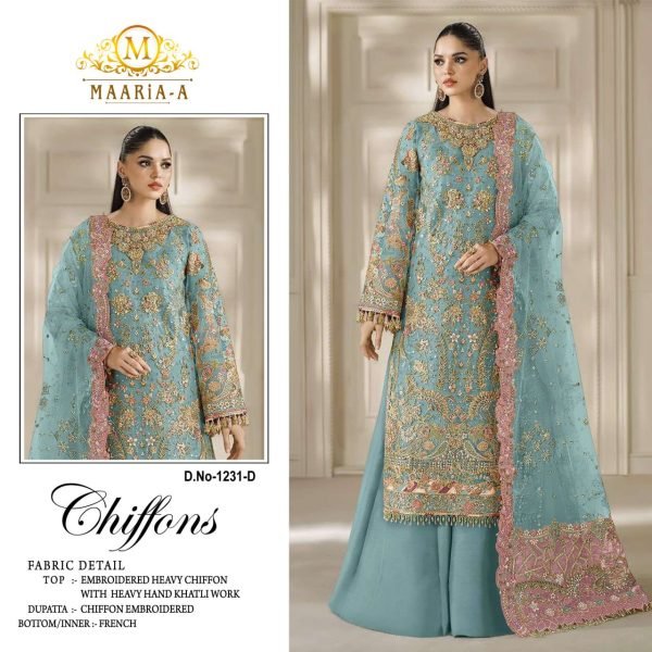 Graceful Sky Blue Heavy Chiffon Suit with Crepe Silk Inner and French Crepe Bottom Pakistani Suits Wholesale