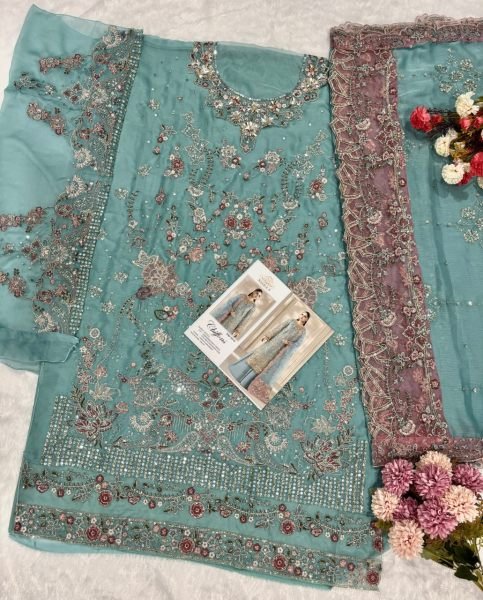 Graceful Sky Blue Heavy Chiffon Suit with Crepe Silk Inner and French Crepe Bottom Pakistani Suits Wholesale