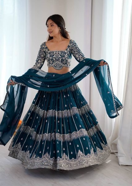 Graceful Teal Blue Heavy Work Lehenga Set for Wedding and Festive Wear Bridal Lehenga Choli