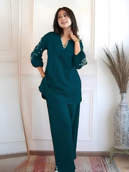 Graceful Teal Blue Trendy Cotton Flex Co Ord Set with Embroidered Kurta at Wholesale Rate Kurtis